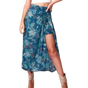 Band Of The Free Celene Women's Teal Floral Print Sarong Midi Skirt Size XS NWT